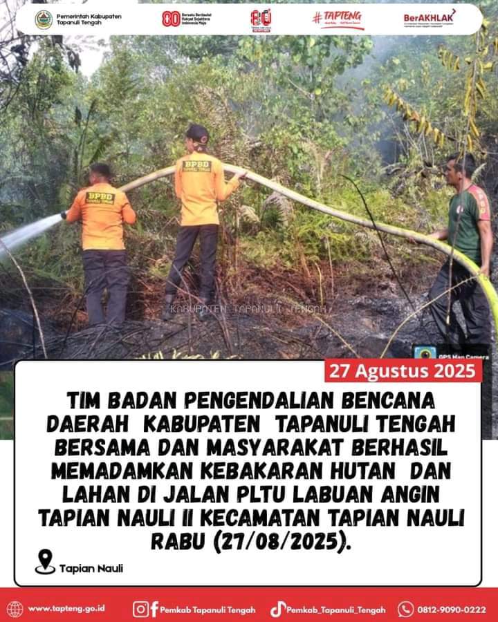BPBD Tapteng Bersama Masyarakat Berhasil Padamkan Karhutla di Kelurahan Tapian Nauli