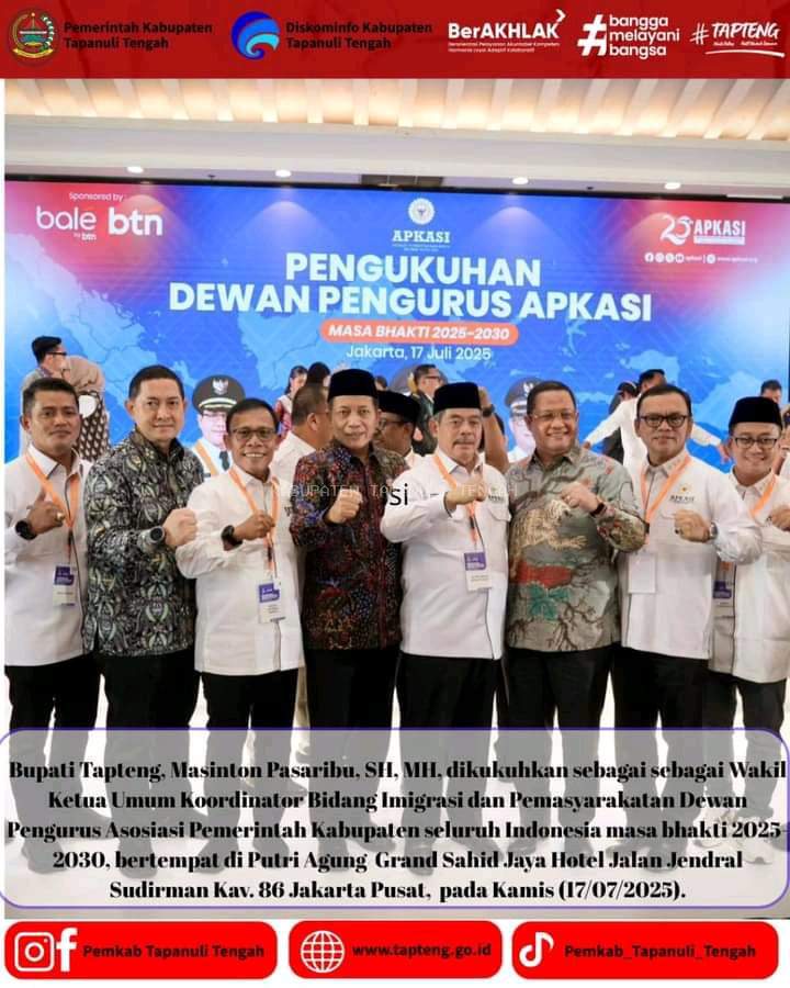 Bupati Tapteng Dikukuhkan Sebagai Wakil Ketua Umum Koordinator Bidang Imigrasi Dan Pemasyarakatan APKASI Periode 2025-2030